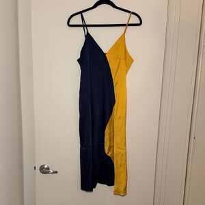 Asymmetrical Two-Tone Navy and Mustard Slip Dress